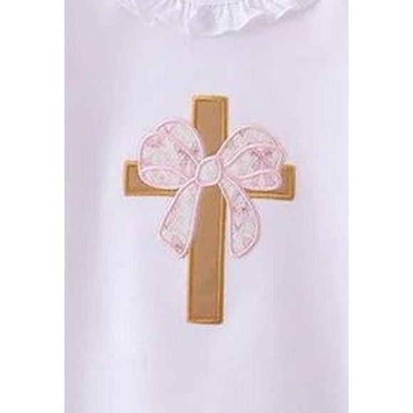 Girls Pink Toile Cross Christian Set White Ruffle Top Easter Baptism church sz 4 - Picture 3 of 4